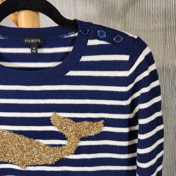 Talbots $89 Medium Gold Tinsel Whale Blue Striped Lambswool Nautical Sweater - Picture 6 of 10